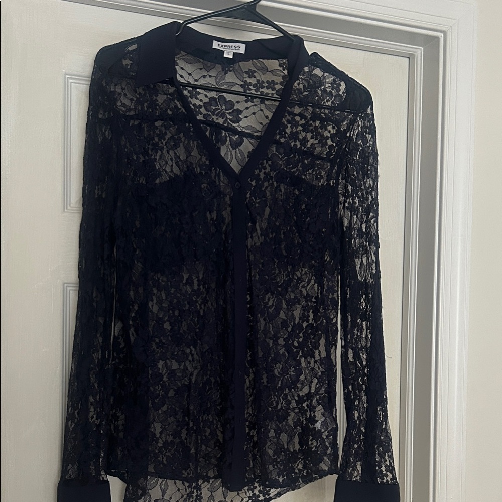 Express Navy Lace Floral Blouse